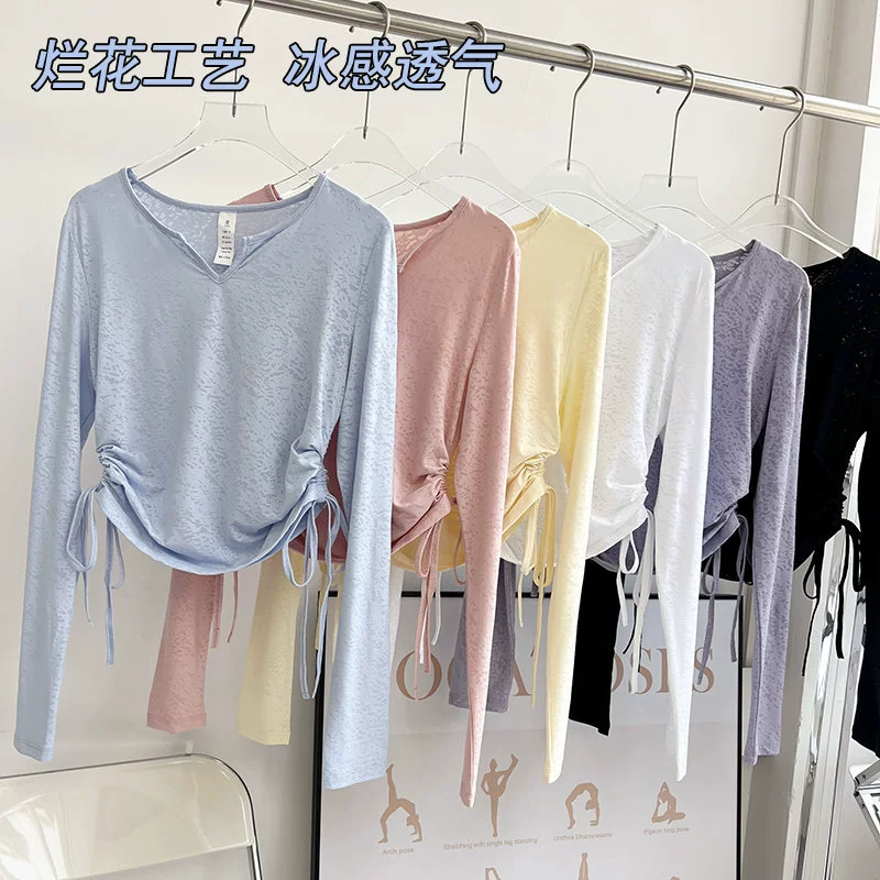 Дышащая льдом тонкая жаккардовая ремешок шнур дышащий спортивный бег тонкий топ для женщин с длинными рукавами костюм для йоги блузка