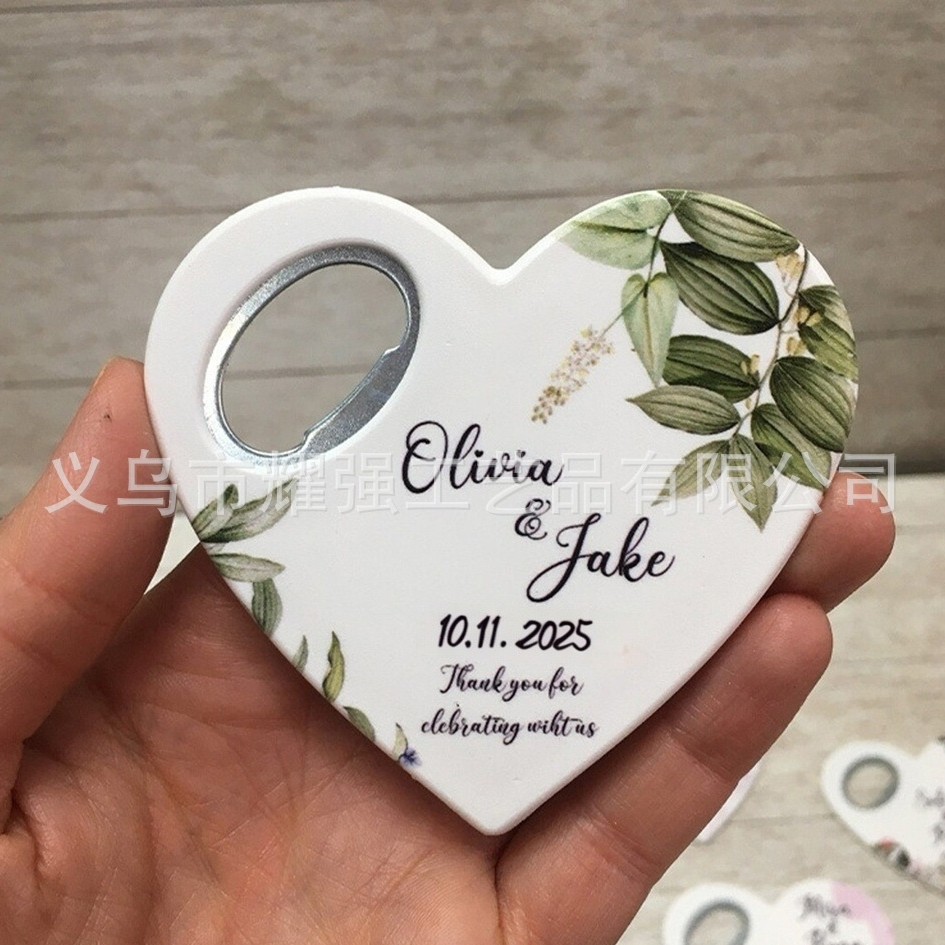 Abridor de botellas con forma de corazón de Amazon, de plástico, imprimible con UV, publicitario, creativo, para bodas, recuerdo, imán.