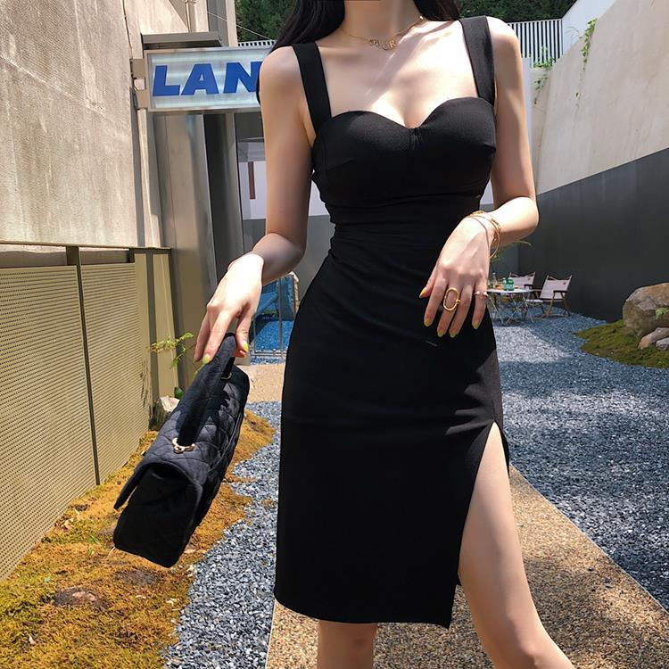 Comes with Chest Pad Design Sense Black Sexy Slant Split Double Shoulder dress Women's Dress Slim Fit Strapless Skirt