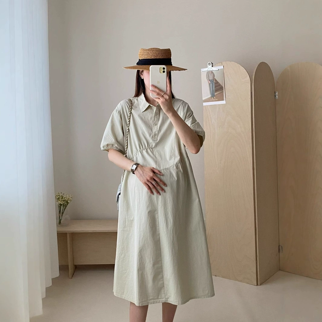 Летняя новая одежда для беременных с отворотом платье-рубашка корейская мода повседневная иностранная беременная женщина с короткими рукавами тонкое платье