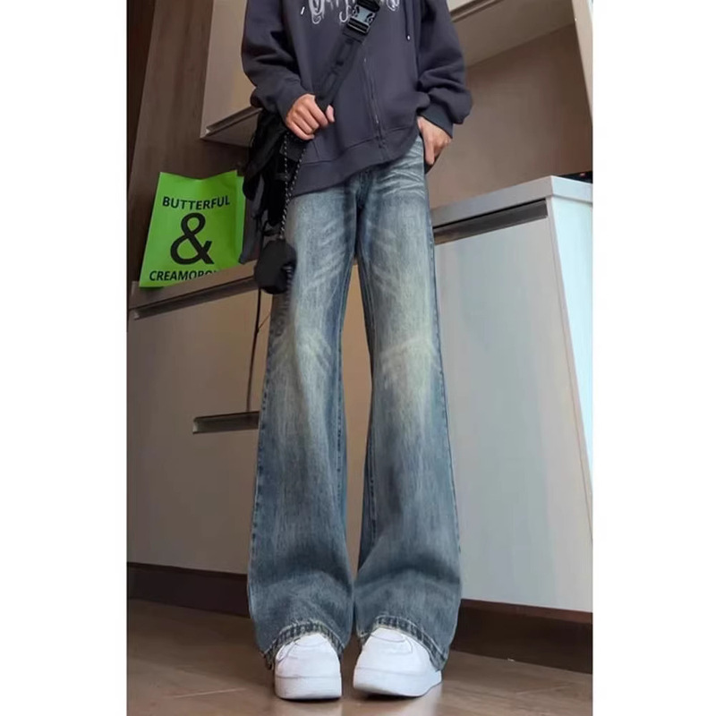 American Retro Blue Curved Jeans for Men, Spring Season Loose Flared Pants, High Street Cleanfit High-Waisted Straight Pants