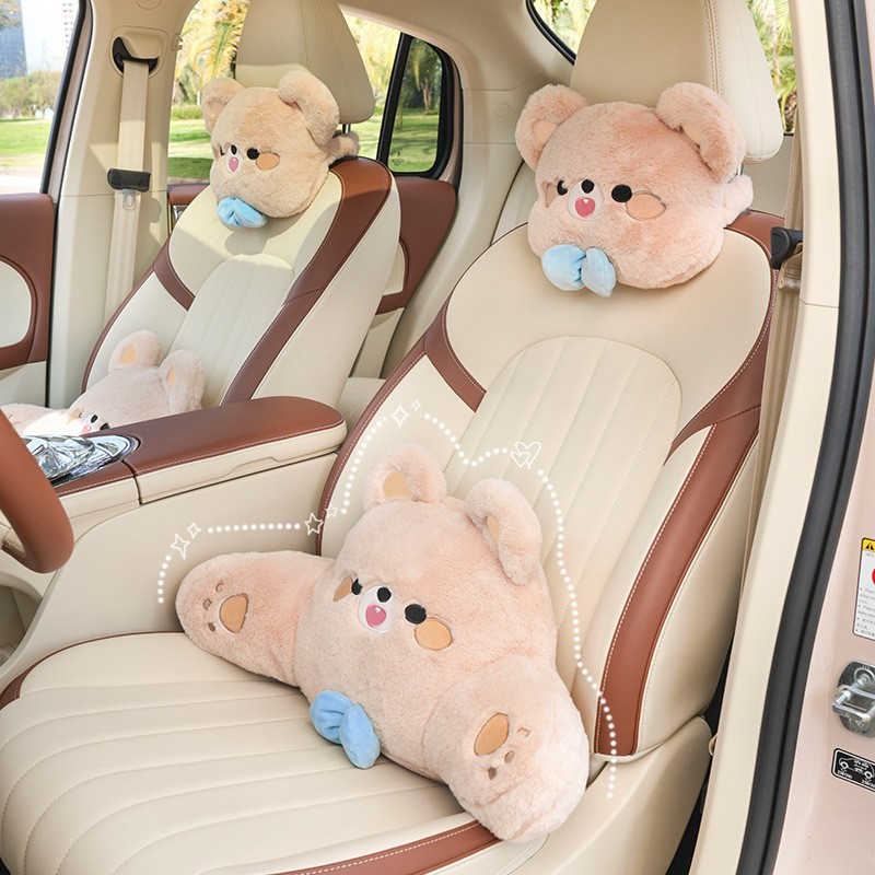 Almohada de coche de peluche para cuello y cintura, oso o conejo, universal para todas las estaciones