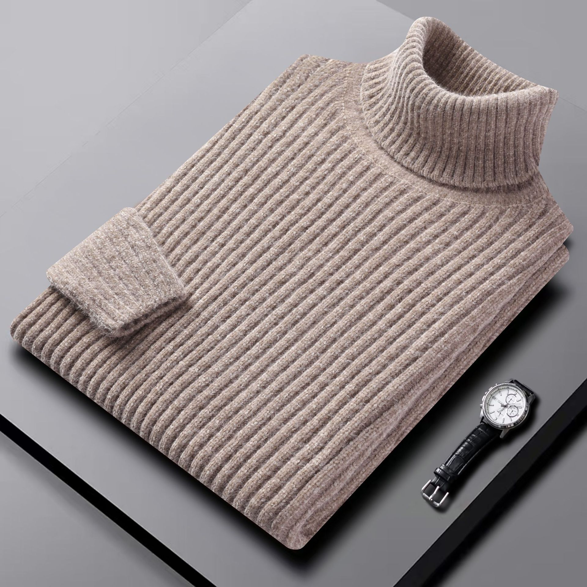 Turtleneck Thickened Chenille Sweater Men's Autumn and Winter Sweater Korean Style Slim Fit Solid Color Base Sweater Men's Sweater