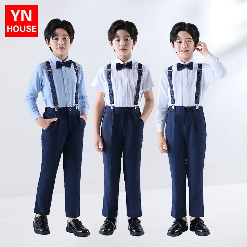 Traje de vestido de tirantes para niños Traje de actuación de manga larga para niños Estilo británico