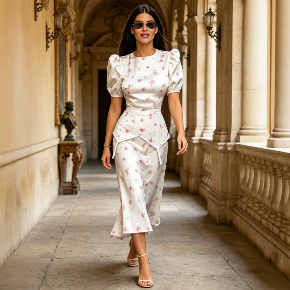European and American Amazon Satin Rose Floral Puff Sleeve Dress Slimming Mid-Length Dress Russian Cross-Border Summer Women's Dress