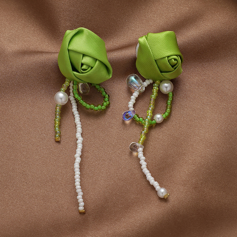 Vintage Green Fabric Flower Rhinestone Pearl Tassel Rose Bud Earrings display picture 9