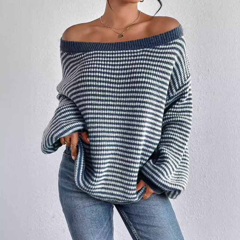 2024 autumn and winter Europe and the United States new one-character collar thin shein cross-border shoulder sleeve all-match loose striped sweater