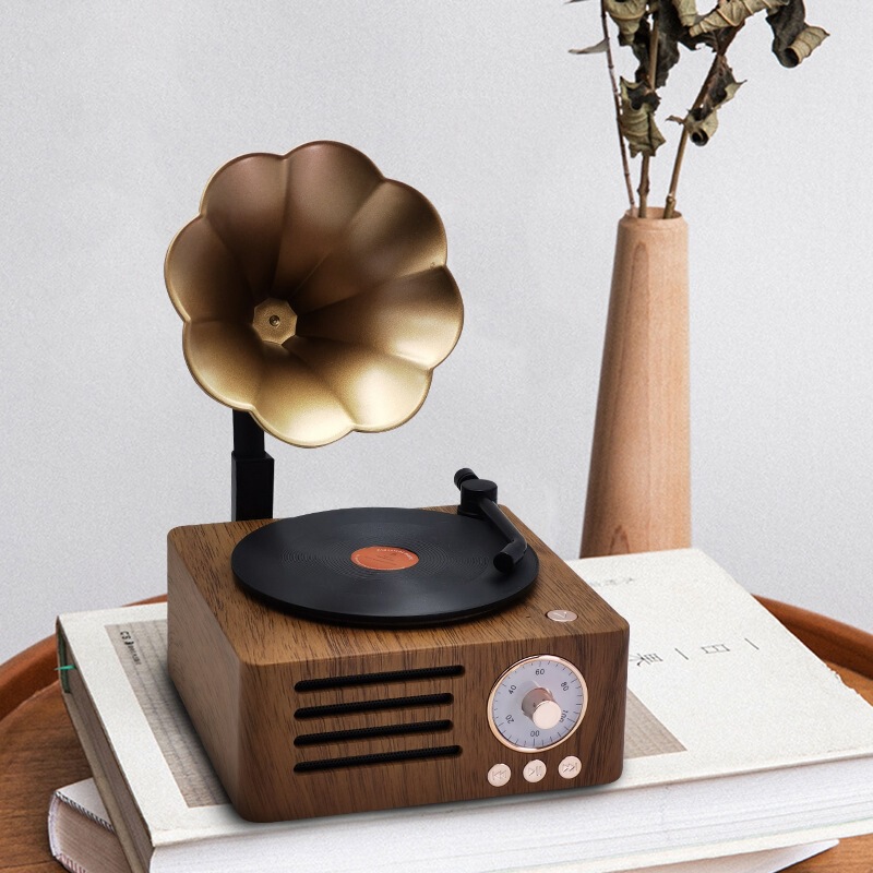 Creative Gift Atomic Vinyl Bluetooth Speaker with Wood Grain Retro Portable Rotating Speaker Flower Ornament Gift