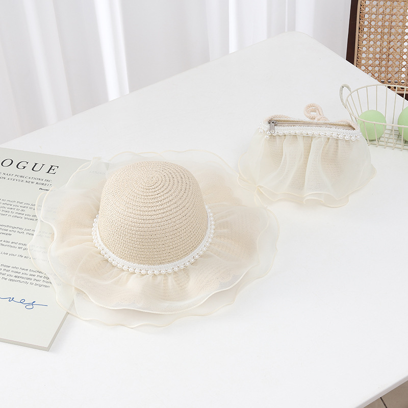 Pearl mesh wavy edge straw hat-beige