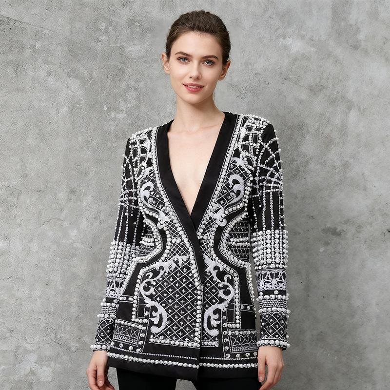 2026 Summer New Style Palace-Style Heavy-Duty Printed Beaded V-Neck Mid-Length Single-Button Blazer for Women