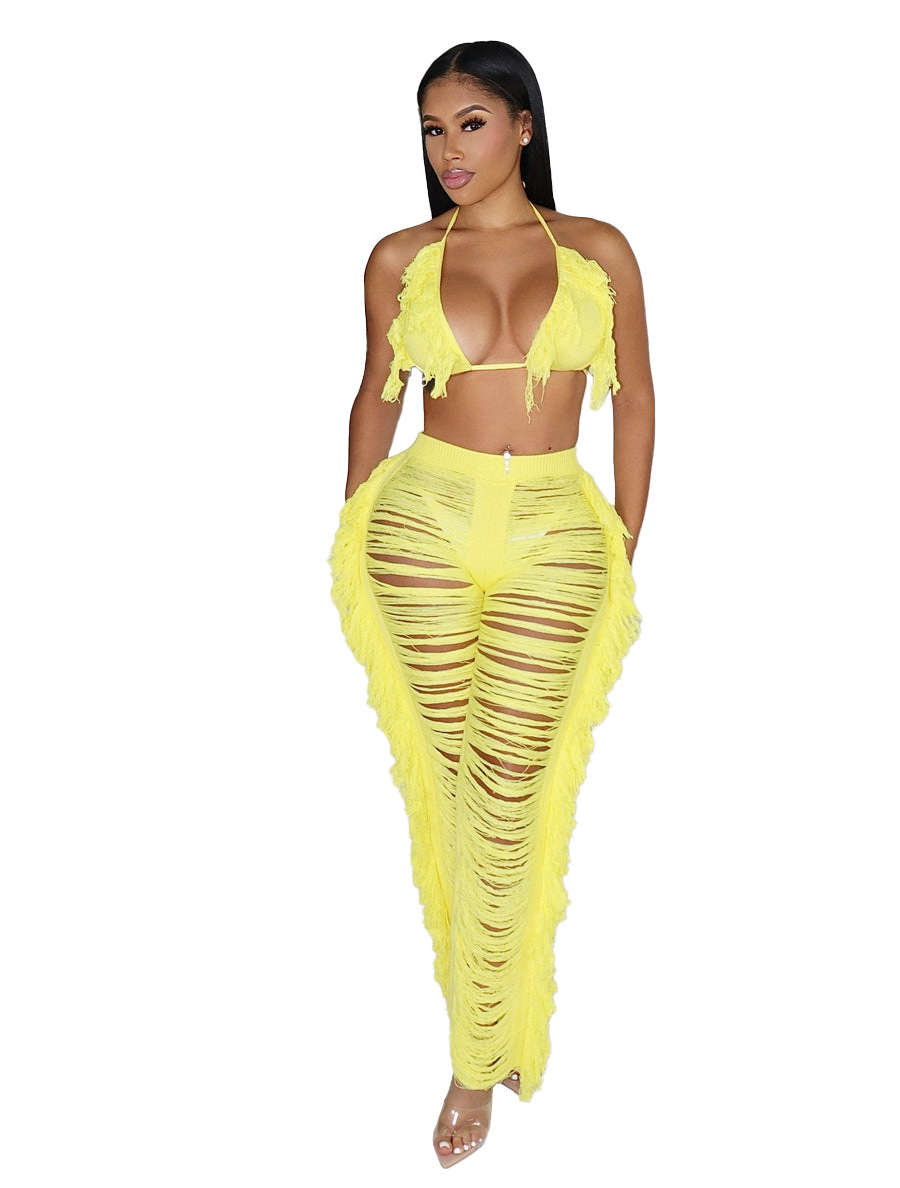 Women's Clothing summer new women's sexy tassel knitted pants suit_voghion.com