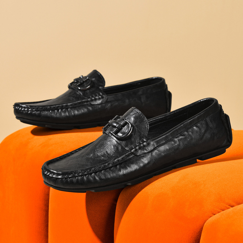 Tiktok Live Popular Crocodile Pattern Loafers Cross-Border Lazy Driving Shoes British Casual Men's Leather Shoes Genuine Cowhide