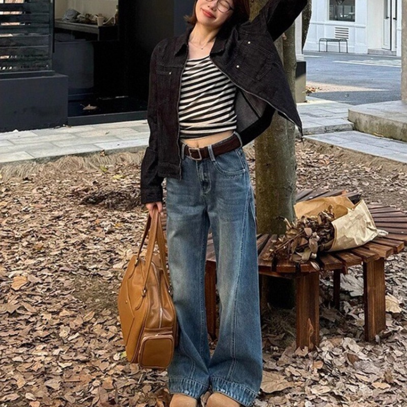 复古蓝高腰阔腿裤2025秋季新款胖妹妹宽松百搭修身显瘦弯刀牛仔裤|undefined