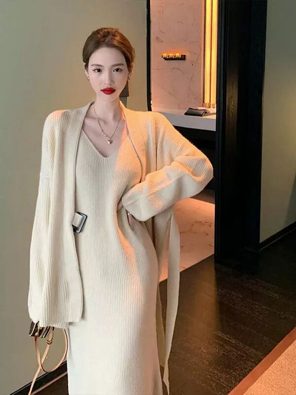 高端气质名媛女神范高级感针织开衫毛衣连衣裙两件套女早秋冬季|undefined