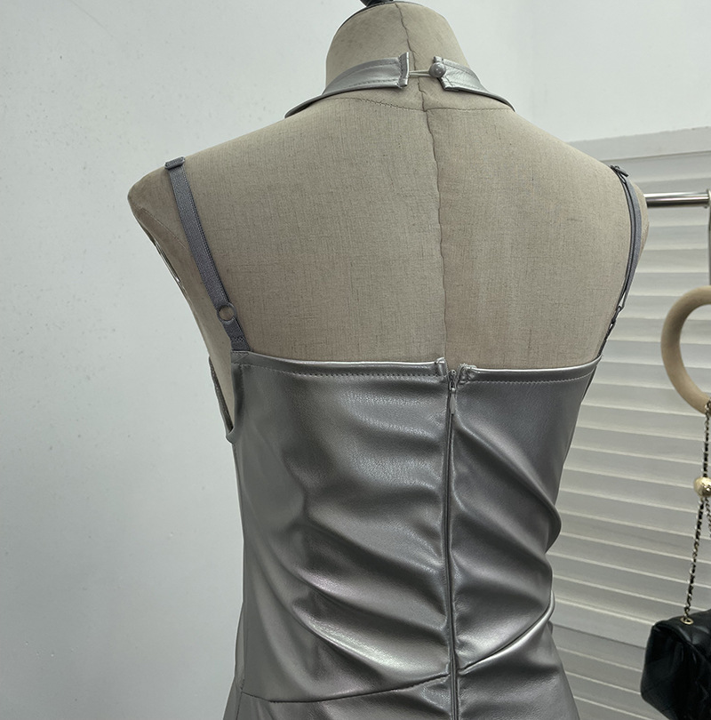 Chest Pad Halter Spaghetti Straps Dress Sexy Slim Fit Ruffle Hip Faux Leather Sexy