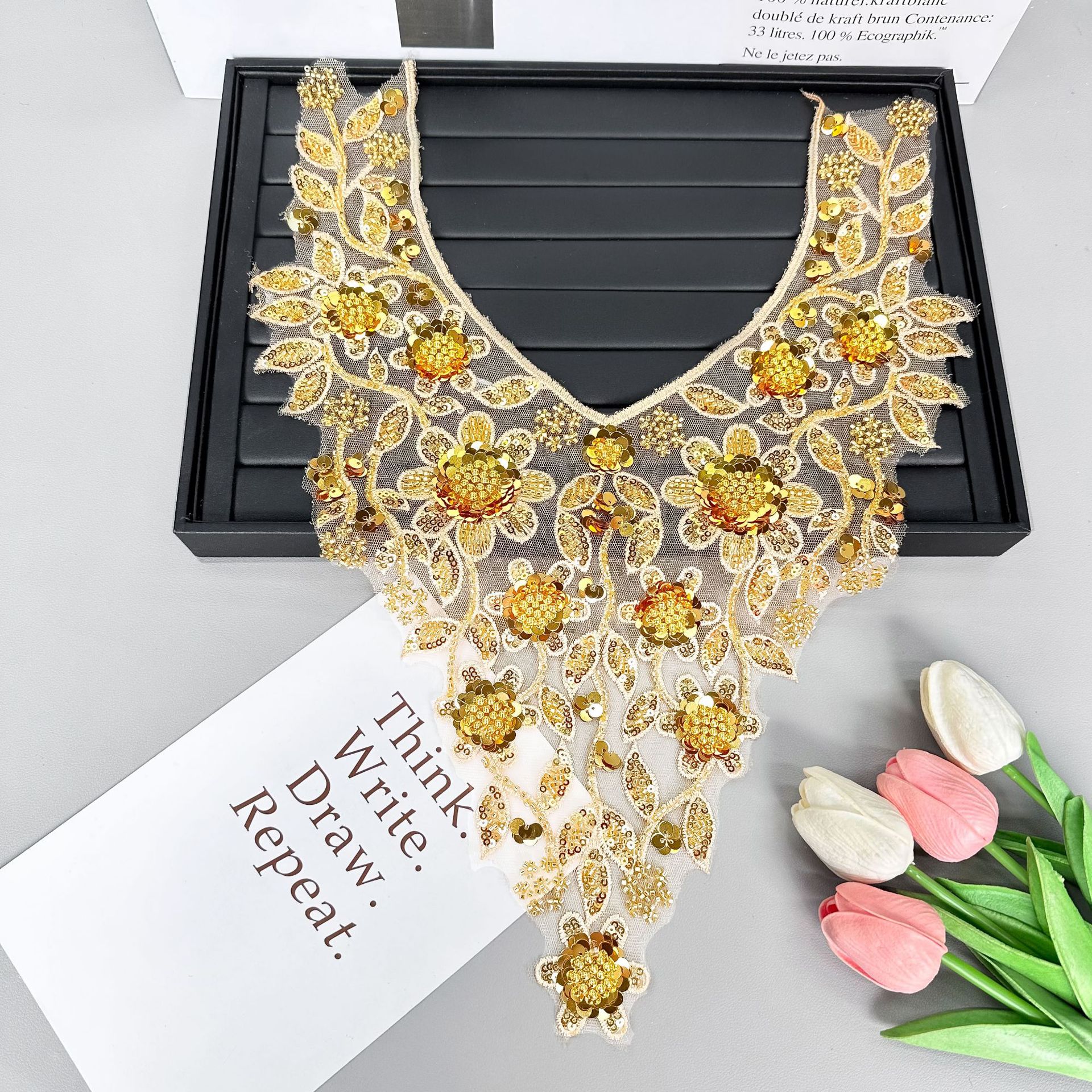 Dorado bordado perlas bordado V-collar hilo de malla encaje cosido accesorios de collar vestido cheongsam traje de baile accesorios de vestido
