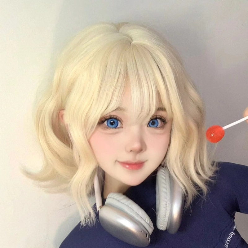 Wig Women's Light Golden Playful Cute Sweet Girl Big Wave Atmosphere Short Curly Hair Fluffy Natural Short Hair Full Head Cover