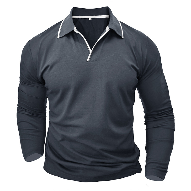 Nueva camisa de polo de color sólido con cuello en V de comercio exterior Camisa de manga larga para hombre Camiseta de solapa de tamaño europeo y americano transfronterizo 2023 Otoño e Invierno