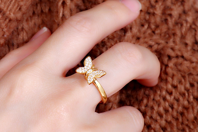Butterfly Pattern Women'S Gender Retro Butterfly Brass Plating Inlay Zircon 24k Gold Plated Rings