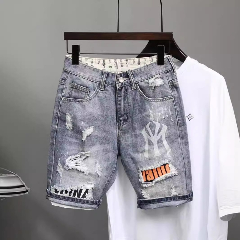 Summer Light-Colored Ripped Shorts Korean Style Trendy Brand Printed Five-Point Jodhpurs Trendy Men's Personalized Handsome Jeans 5