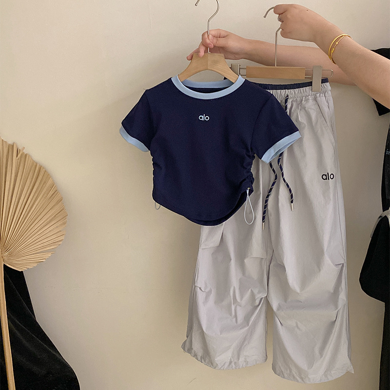 Girls Korean Style Summer New Embroidered Drawstring Stitching Short-sleeved T-shirt 2025 Loose Casual Overalls Two-piece Set