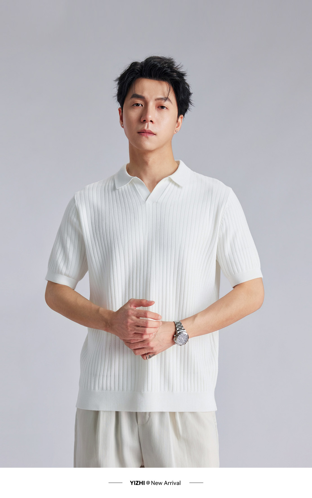 Áo polo nam dệt kim phong cách cổ điển tay ngắn — đen chi tiết 16