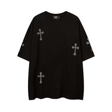 T恤原创潮牌烫钻十字架设计感美式高街嘻哈情侣