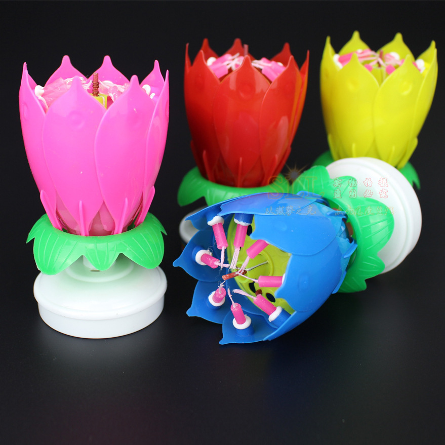 Vela de cumpleaños electrónico Lotus doble capa floración rotación cumpleaños fiesta atmósfera pastel decoración creativa música vela