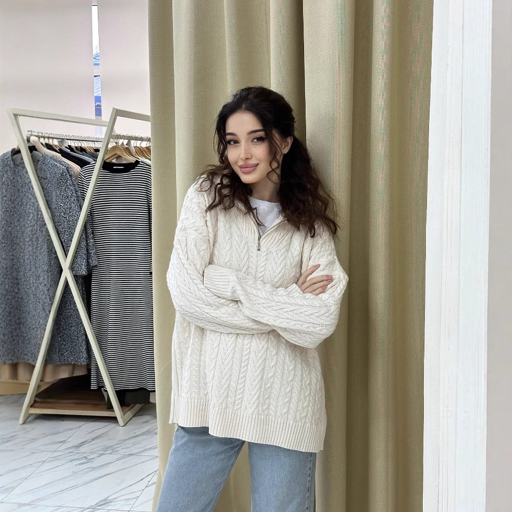 2024 otoño y invierno nuevo estilo europeo y americano Amazon transfronterizo de moda de color sólido medio cremallera cuello redondo grueso camisa de punto suelta
