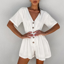 2026春夏简约时尚白色纯棉五分袖阔腿连体裤女收腰宽松欧美连体衣