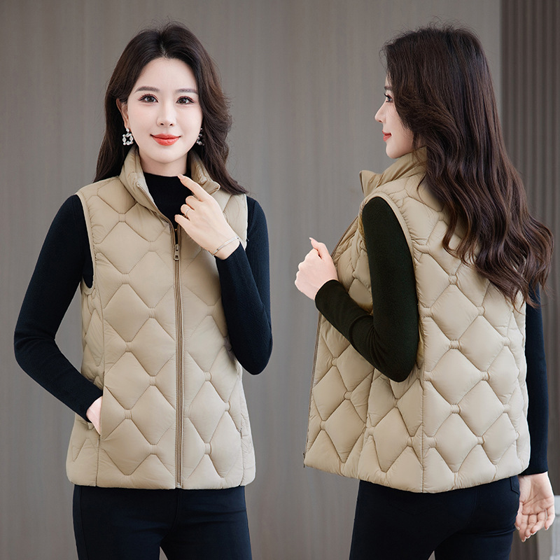 2025 mujeres otoño invierno collar cuadrilátero de diamante grueso chaleco de algodón delgado grueso suelto cremallera bolsillo de algodón clip