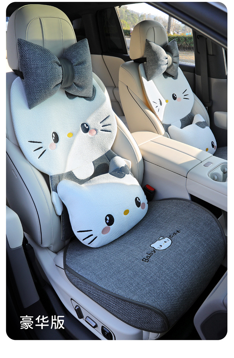 26 new linen car seat cushions, suitable for all seasons, breathable for summer, cute cartoon KT cat design for women, rear seat covers