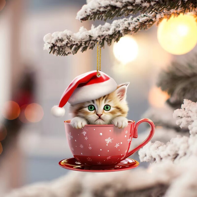 2025新款个性有趣的圣诞杯子猫咪亚克力平面圣诞饰品挂件车载挂饰|undefined