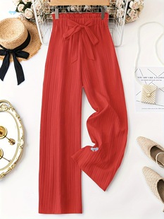 Solid Textured Straight Leg Pants Elegant Ruffle Hem Tie Cross-Border