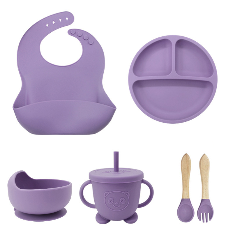 Dark purple 6-Piece Set: Bib + suction cup + bowl + straw cup + wooden fork spoon