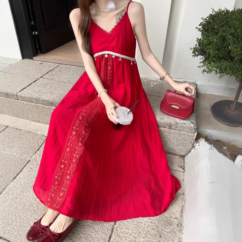 Ethnic Style Cool and Elegant Beaded Backless V-Neck Dress for Women, Summer French-Style Loose-Fitting Vacation Photo Shoot Stunning Long Dress