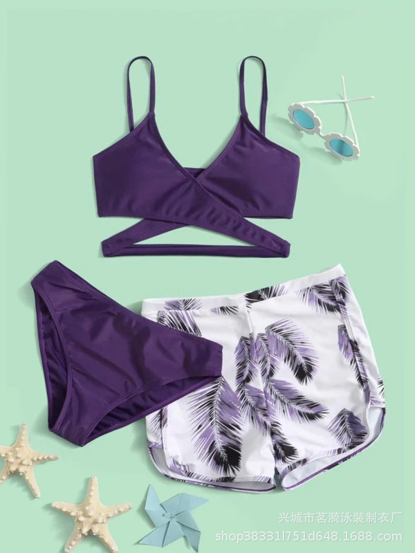 Bikini de moda europea y americana, 3 piezas, multicolor con estampado de plumas dobles, estilo sexy