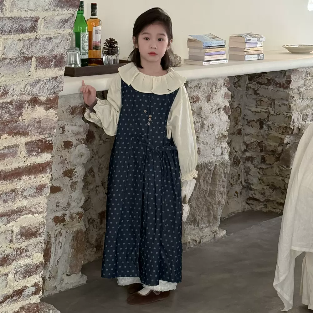 童裙2026春款女宝宝韩版圆点系带长袖连衣裙儿童中长款牛仔背心裙
