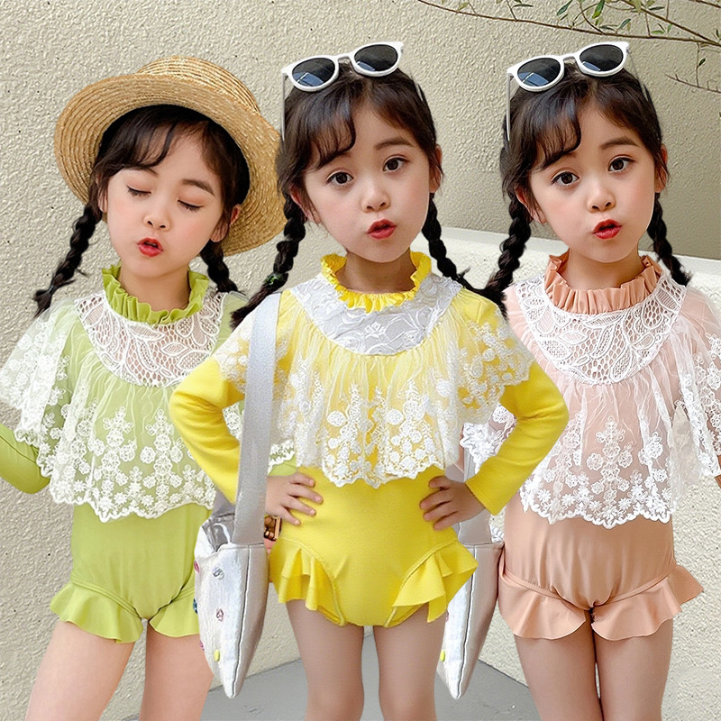 Traje de baño para niñas de una sola pieza de manga larga protección solar Princesa Traje de baño de estilo occidental Vestido de princesa lindo para niños Traje de baño de aguas termales para niños