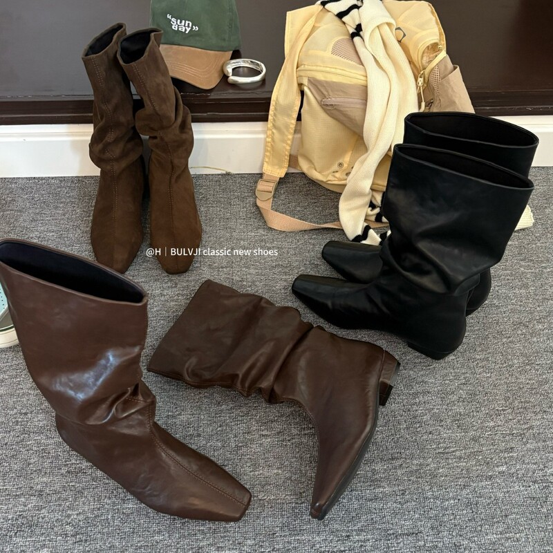 2025 Low-Heeled Square-Toe Mid-Calf Boots Autumn and Winter New High-Heeled Women's Solid Color Knee-High Straight Knight Boots