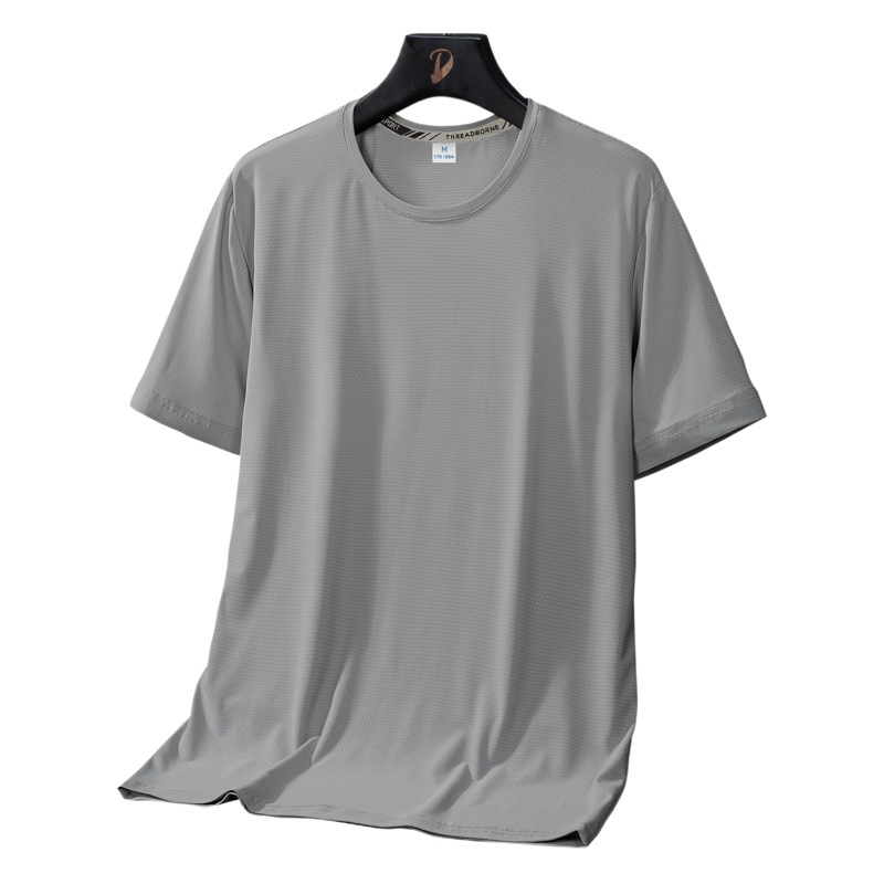 Camiseta de seda de hielo de manga corta de los hombres malla de seda de hielo de secado rápido transpirable Delgado color sólido casual verano Juventud cuello redondo Camiseta hombres
