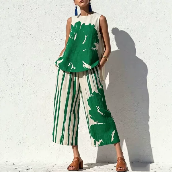 European and American Women's Artistic Resort-Style Polyester Blend Abstract Tie-Dye Striped Print Sleeveless Top and Wide-Leg Pants Set