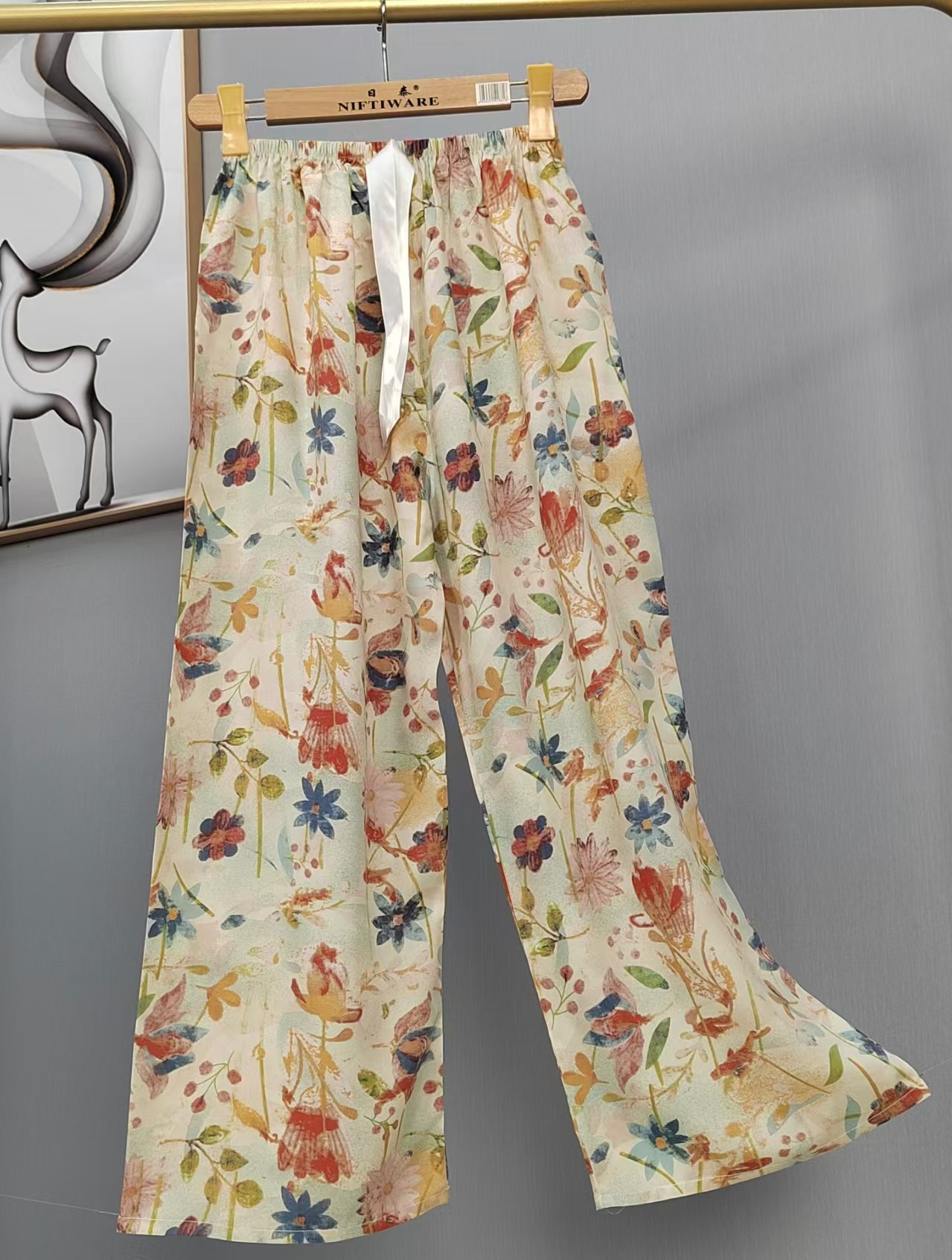 Pijama de seda de algodón para mujer, pantalones anchos de mujer embarazada de seda de algodón con estampado fino de verano