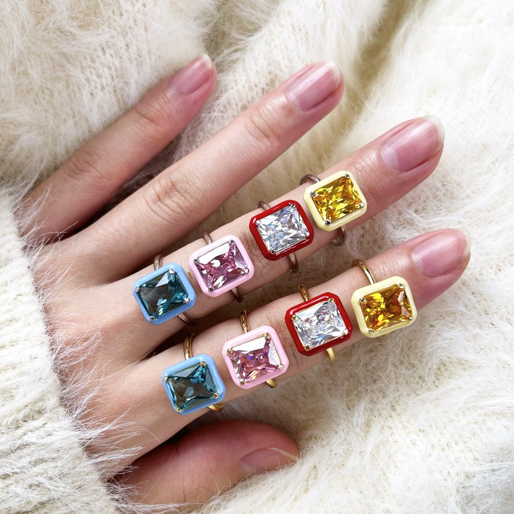 Fashion Square Sterling Silver Rhinestone Plating Rings