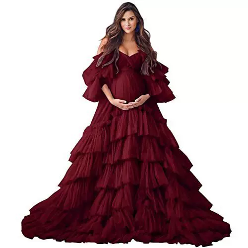 Feifei Sleeve 2026 Cross-Border Foreign Trade Hot-Selling New Maternity Mesh Dress Photo Shoot Gown Deep V-Neck See-Through Available in Multiple Colors