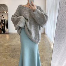 韩国新品网红ins风V领净版宽松休闲慵懒款显瘦中长款针织毛衣潮