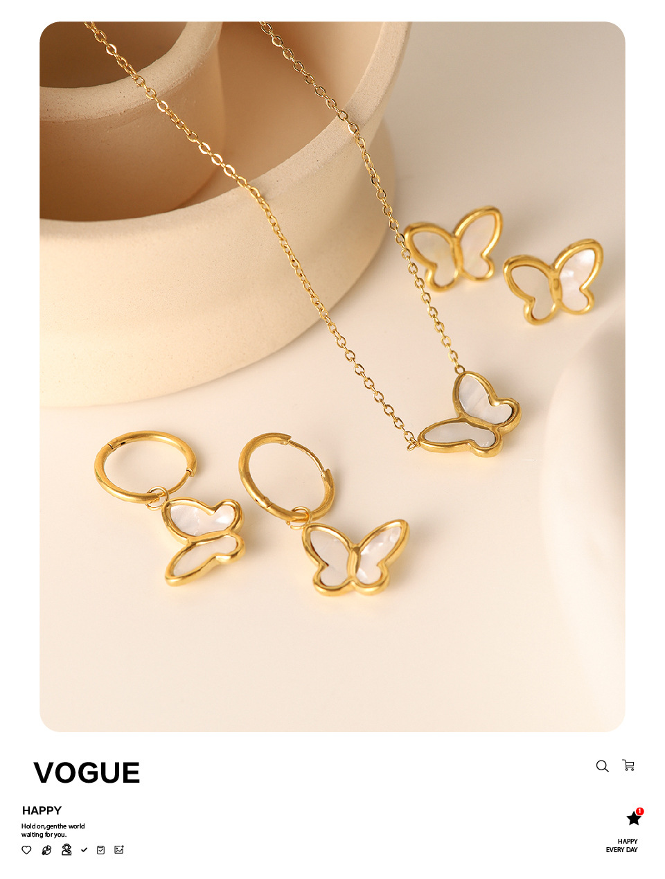 Elegant Butterfly Stainless Steel Gold Plated Shell Pendant Necklace