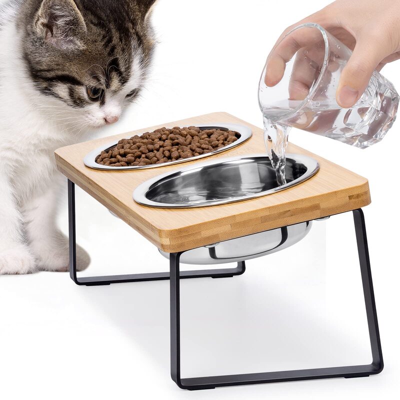Cross-Border Elevated Cat Bowl Tilted Stainless Steel Cat Food Bowl Bamboo Stand Anti-Vomiting Feeding for Indoor Cats and Pets