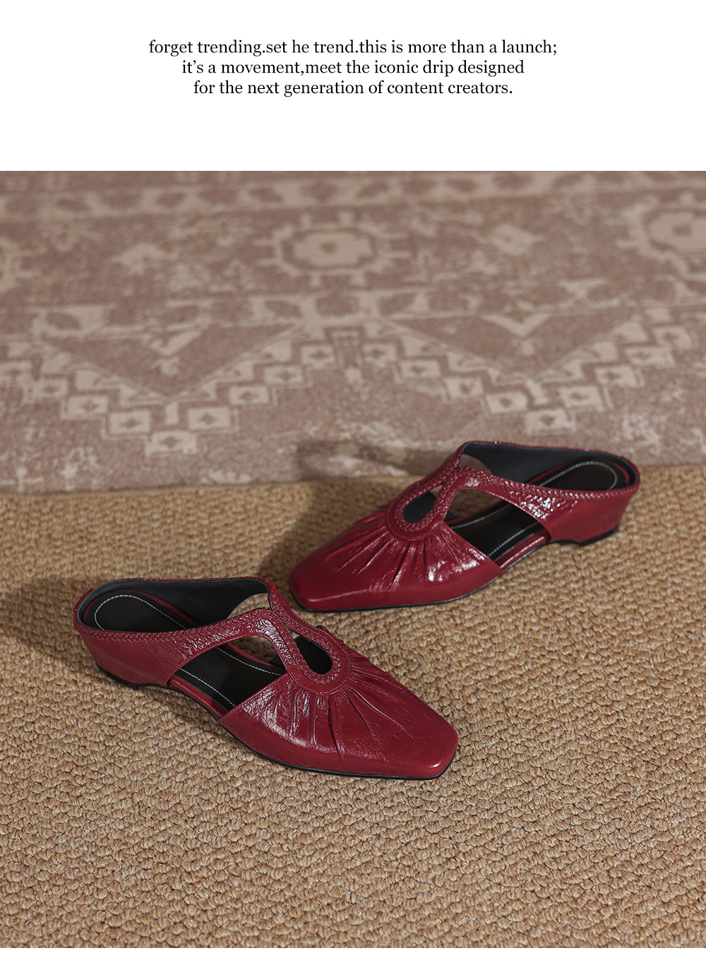 Dép mule nữ gót thấp 4 cm, mũi kín hở gót, kiểu dệt đan họa tiết — Rượu vang đỏ chi tiết 16