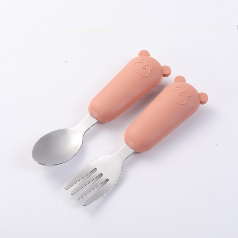 복숭아 색 (곰 실리콘 스테인레스 스틸 포크 + 스푼)